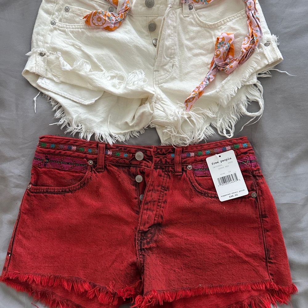 Free People Women's Red and White Frayed Denim Shorts